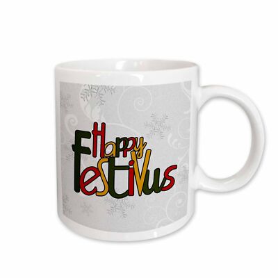 3dRose Happy Festivus Red, Gold, Green, Snowflake Background Silver, White Mug