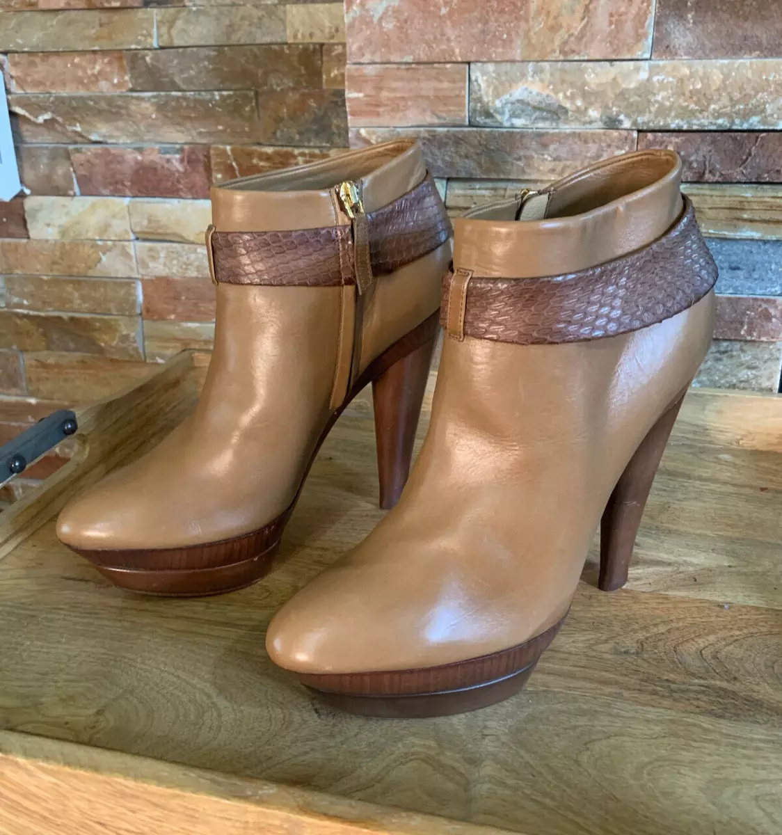 Womens Devi Kroell Tan Leather Ankle Boots US 8 38 Booties Stiletto Heel NWOT