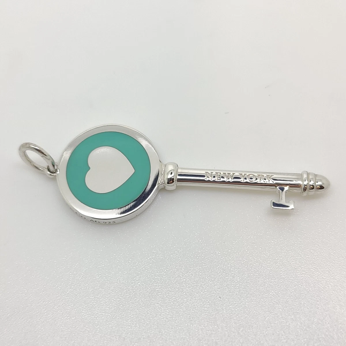 Tiffany Co Sterling Silver Blue Enamel Heart Key Pendant Charm W