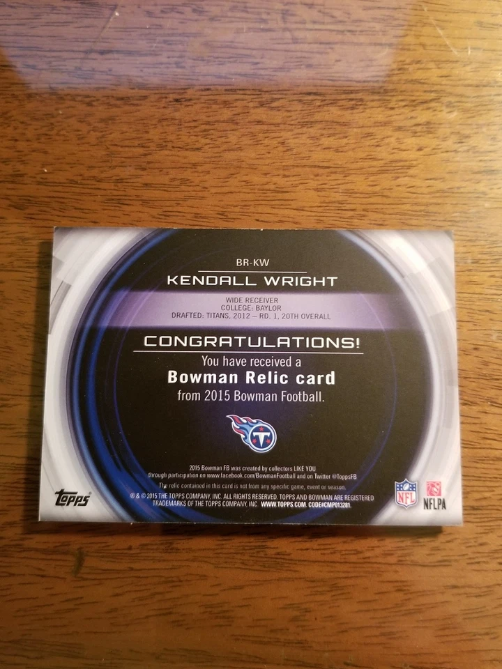 2015 BOWMAN KENDALL WRIGHT JERSEY RELIC BLUE TITANS BR-KW - Image 2 of 2