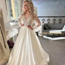 elegant A-line long Wedding Dresses Princess Lace Applique Satin Bridal gowns