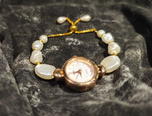 Pequeño Reloj Pulsera Dorado, Vintage Reloj, de Oro, Mujer Perla Trabajo - Picture 3 of 10