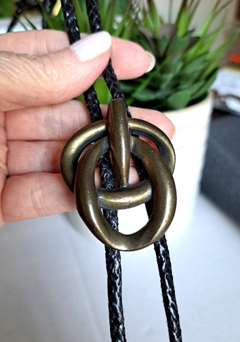NECKLACE LEATHER BLACK BRAIDED LARIAT WITH ANTIQUE BRONZE SLIDER VINTAGE 32"