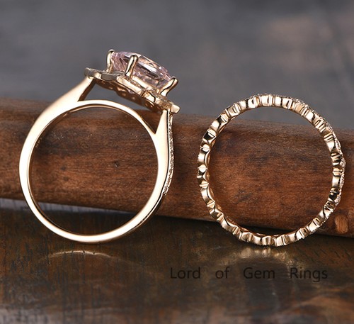 2 Ring Set! 8mm Cushion Morganite Wedding Ring 14K Yellow Gold Diamonds Band - Picture 4 of 5