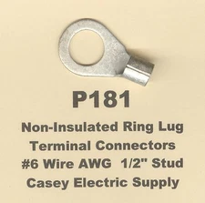 20 Non-Insulated RING Lug Terminal Connector Uninsulated #6 Gauge Wire 1/2" Stud
