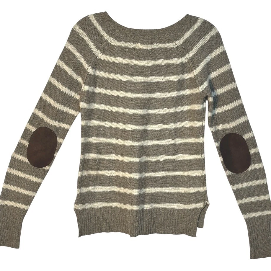 Kenji Crewneck Long Sleeve Sweater Elbow Patches Tan White Stripe Stripe M - Image 2 of 4