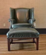 Late 20th Century Leather Chippendale Wing Chair and Ottoman
