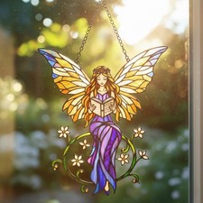 Fairy Reading Book Acrylic Suncatcher, Fantasy Window Hanging, Book Lover Decor