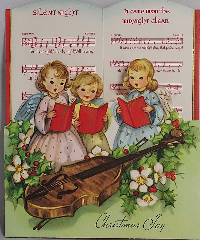 Three Adorable Angels Girls Singing Carols Violin Sheet Music VTG Christmas Card