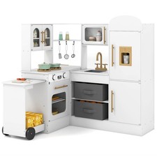 Corner Kitchen w/ Lights and Sounds Interactive Wooden Playset Toy Kitchen Set