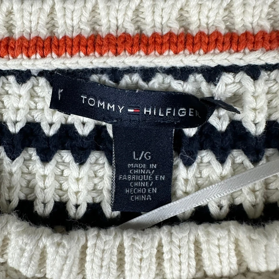 Tommy Hilfiger Mujer Suéter Tejido a Rayas Grande Blanco Azul Marino Naranja Cálido Acogedor Foto 3 de 4
