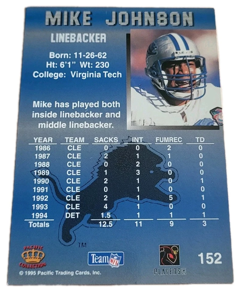 1995 Pacific Football Card #152 Mike Johnson Detroit Lions (D9 - Image 2 of 2