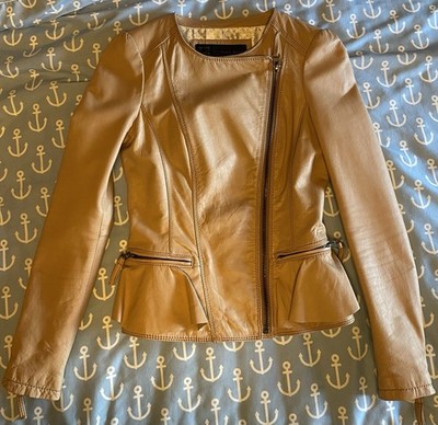 Zara Basic Damen Biker Lederjacke kurz Beige Gr. S mit Reißverschluss & Taschen