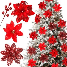 30 Pcs Poinsettia Artificial Christmas Flowers Decorations with Clips and Berry