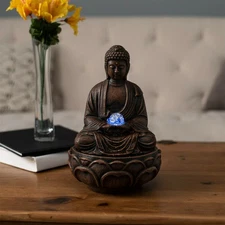 Tabletop Water Fountain Buddha Figure LED Light Glass Ball Soothing Sound