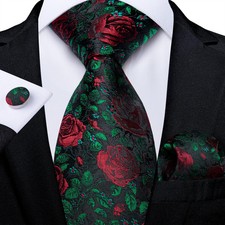 Red Rose Floral Green Silk Ties for Men Classic 8cm Business Wedding Party Acces
