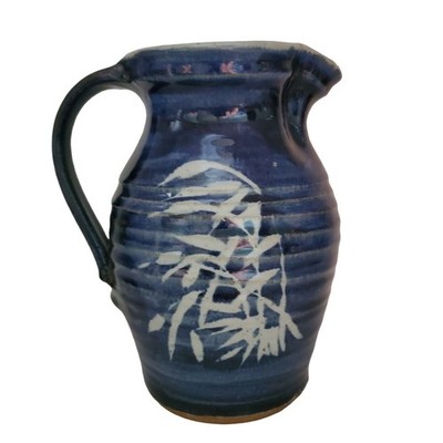 Blue White Stoneware Pitcher Art Pottery Jug Hand Thrown Japandi Bamboo Floral
