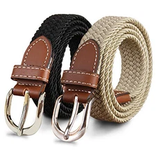 2 Pack 1'' Narrow Width Elastic Belt, Stretch Braided Small 32"-34" Black/Khaki