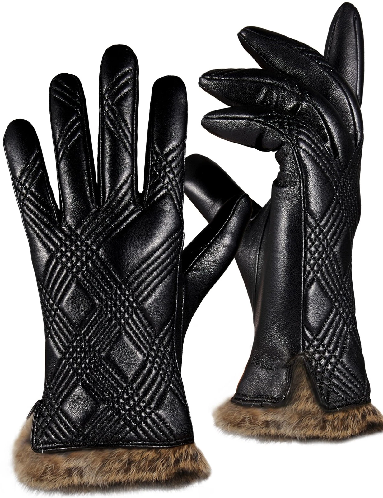 Winter Gorgeous Leather Gloves for Women Warm Cashmere Lined Rabbit Fur Cuffs...