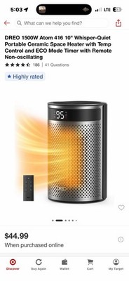 Dreo Atom 416 1500W Portable Ceramic Space Heater Remote Timer ECO Mode Black
