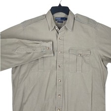 Polo Ralph Lauren Safari Shirt Ms L Khaki Beige Pockets Cotton Epaulettes LS Vtg