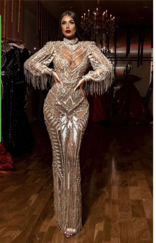 Albina Dyla couture Bronze Beaded Tassel Maxi long sleeve Dress