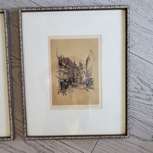 Vtg signed professionally matted, framed Marjorie C. Bates hand colored etchings - Picture 4 of 11