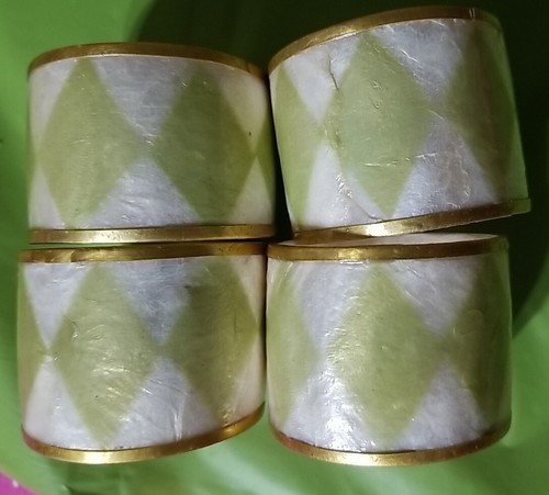 Mackenzie Childs Capiz Green Napkin Rings, Brass, Diamond Design Set Of 4- Exc - Picture 5 of 5