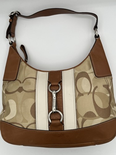 Coach Vtg Hampton Shoulder Bag Signature C Logo Purse Hobo Jacquard Tan F13336 - Picture 7 of 9