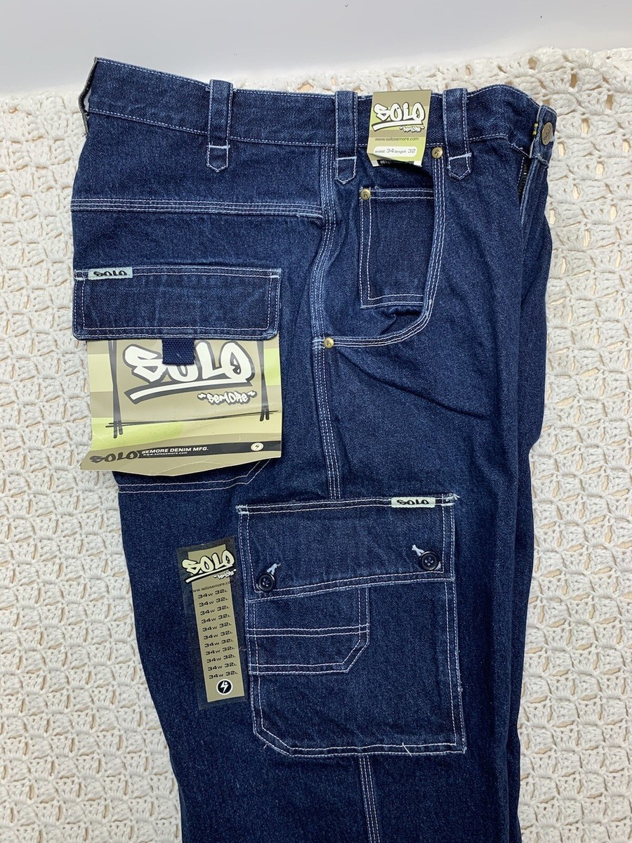 Vtg Solo Semore Cargo Jeans Mens Tag 34 Approx 32x32 Blue Baggy