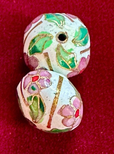 Pair Cloisonné White Gold Floral Enameled Cushion Beads 16mm+  Never Strung Vtg.