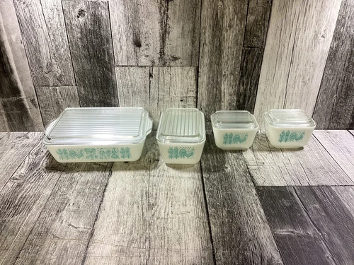 VTG PYREX AMISH BUTTERPRINT 8 Pc Refrigerator Set 501 502 503 Turquoise (SC)