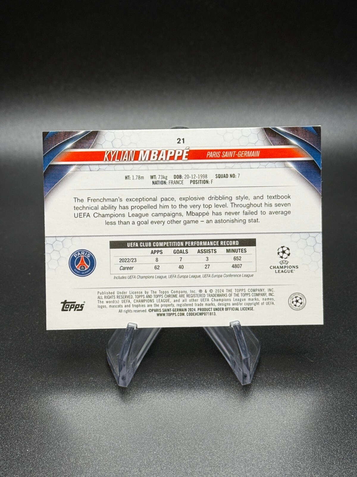 Kylian Mbappe 2023-24 Topps Chrome UCC #21 Pulsar Refractor Paris Saint-Germain view 2
