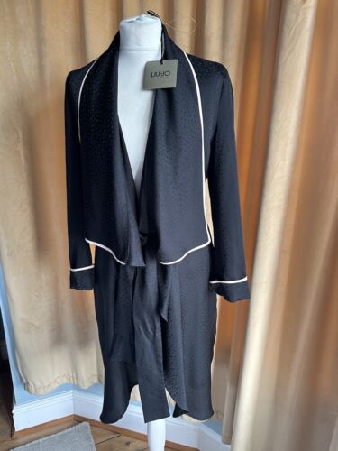 Liu Jo Designer Black Satin Coat / Long Blazer Side Pockets and Belt 8/10 - Picture 1 of 19