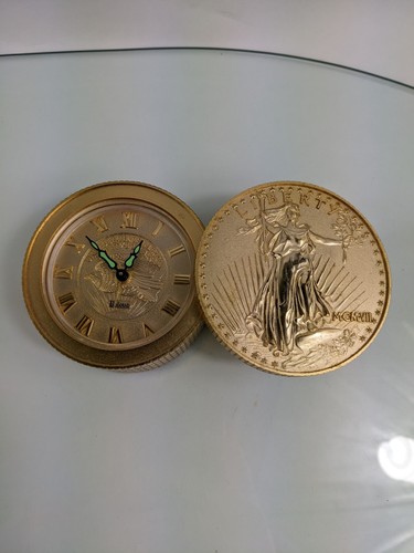 Vtg Bulova Gold Eagle Lady Liberty Coin Stack Alarm Travel Desk Quartz Clock GVC - Picture 3 of 8
