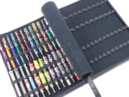 Real Leather Pen Case Black for 46 Fountain Pens / Rollerball Pens Pouch Holder - Picture 11 of 12