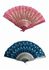 2 Pcs. Ladies Pink Blue Peacock Pattern Sequin Fabric Hand Fan 13042