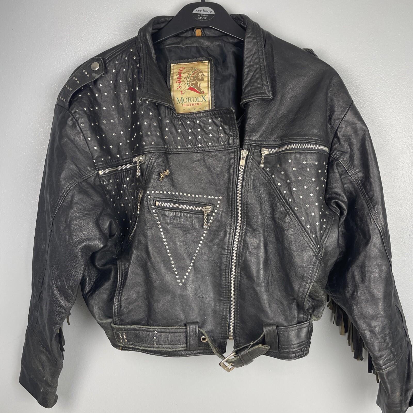 Chaqueta De Colección Mordex Cuero De Londres Cuero Negro Tachonado/Borla XL