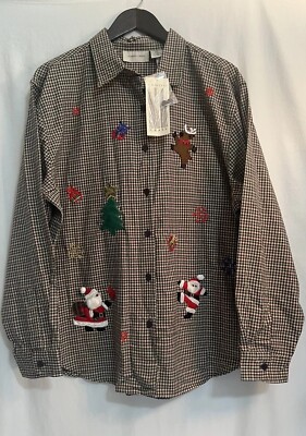 Vintage Lemon Grass Plaid Christmas button up shirt Santa Reindeer NWT  SZ XL