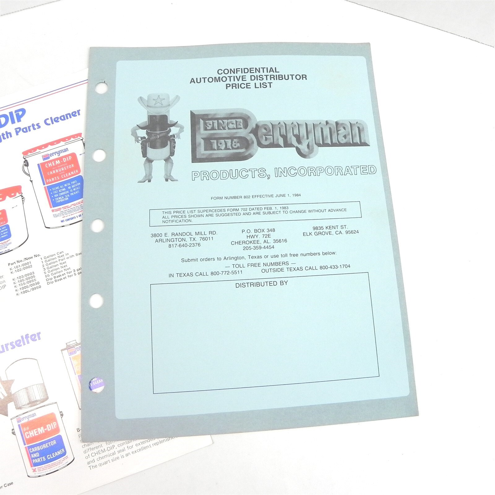 VINTAGE 1984 BERRYMAN CHEMICALS CHEMDIP CARBURETOR PARTS CLEANERS