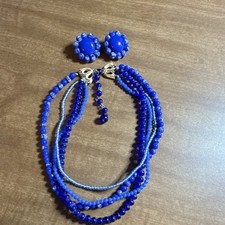 Vintage Blue Multi-Strand Round Glass Bead Necklace  Clip-On Earrings Set Japan
