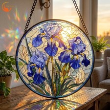 Blue Iris Stained Glass Suncatcher Floral Round Window Hanging Mother s Day Gift
