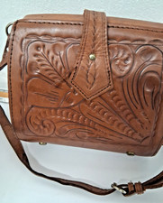 VINTAGE Embossed Women's Hand Carved Tooled Leather Purse,Brown-9"wide, 8"Tall