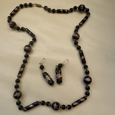 COLLAR Y PENDIENTES DE COLECCIÓN MURANO VENECIANO PASTEL DE BODAS VIDRIO CUENTAS NEGRAS ¡BONITO!