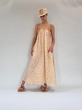 Yvonne s Slip Lace Dress Womens Size Large Linen Floral Print Handmade Boho Maxi