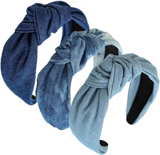3 Pcs Denim Headbands - 6cm Wide, Vintage Cross Knot Hairbands, Non-Slip Elastic