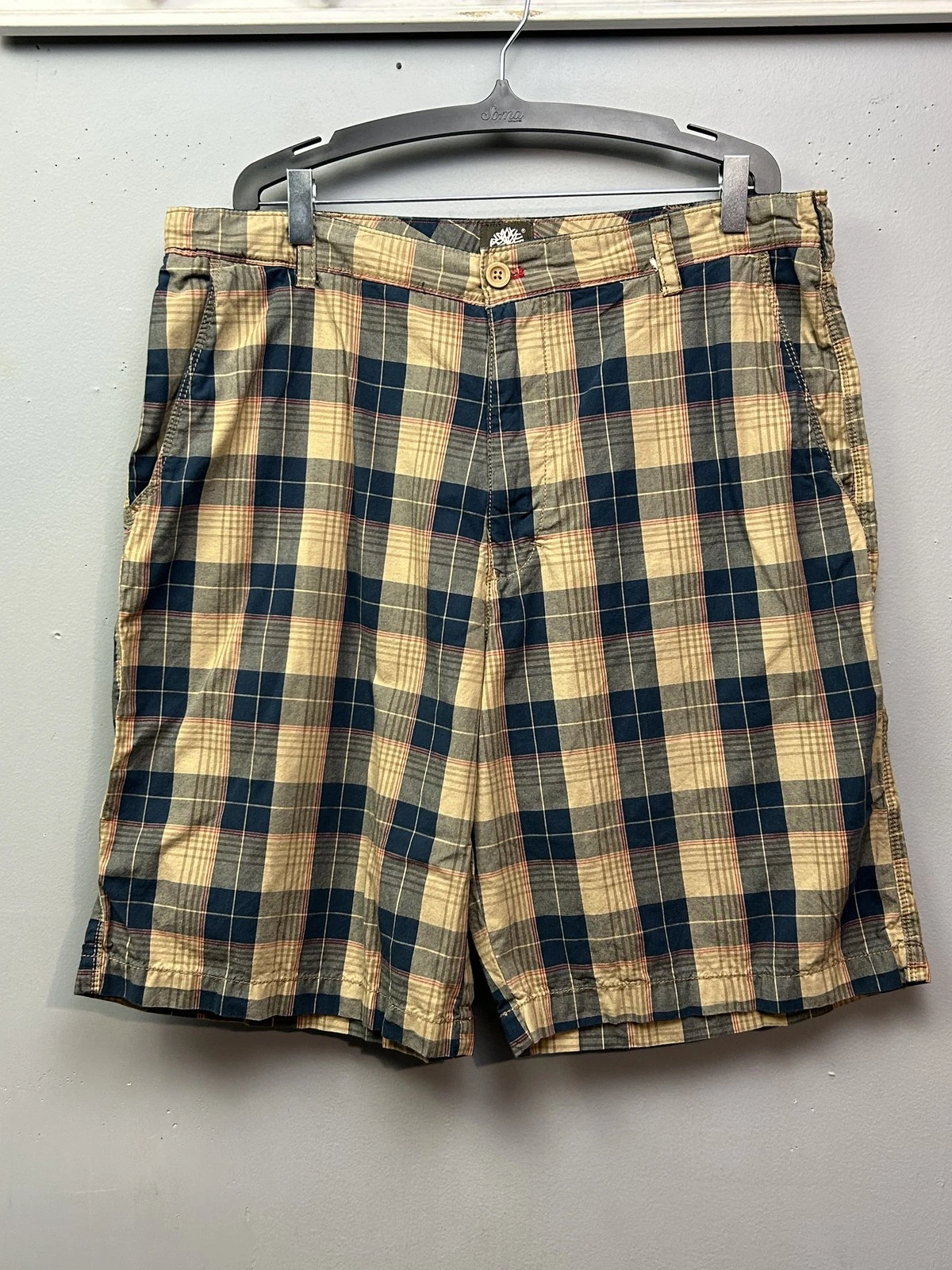 Timberland pantaloncino uomo 36 blu marrone a quadri casual esterno bottoni tasca cotone