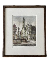 Vintage Ernst Geissendorfer Rothenburg Colored Etching Wooden Framed Signed