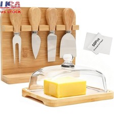 Butter Dish W/ Glass Lid Cheese Knife Set Bamboo Holder Easy Clean Storage New