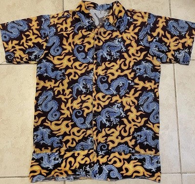Vtg 90s Dragon Flame AOP Button Up Shirt M Grunge Biker Skate Surf Fire Jnco Y2K